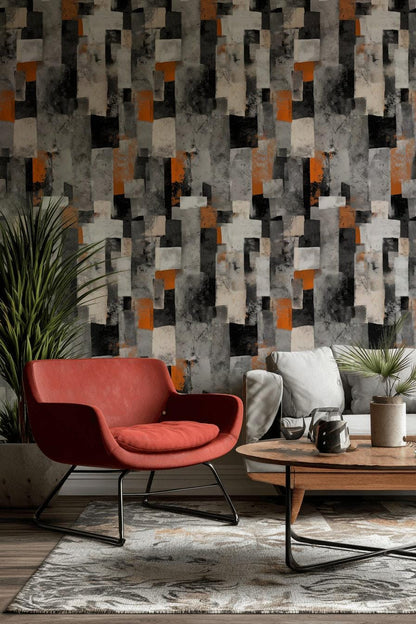 Geometric Block Wallpaper Mural: Orange, Grey, Black Peel and Stick Art