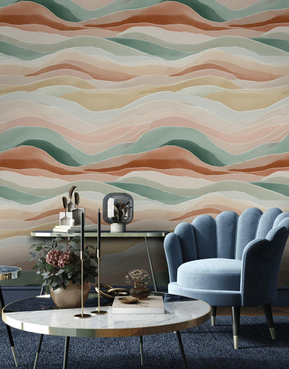 Pastel Abstract Waves Peel and Stick Wallpaper: Boho Minimalist Wall Mural