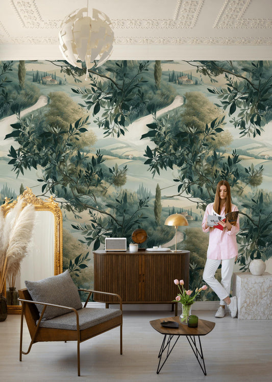 Tuscan Landscape Wallpaper | Olive Tree Wall Mural | Italian Countryside Peel and Stick Decor