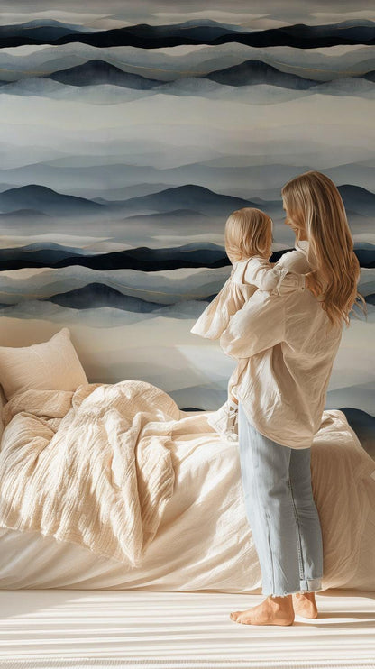 Blue Gray Mountain Wallpaper Mural: Gold Line Peel and Stick