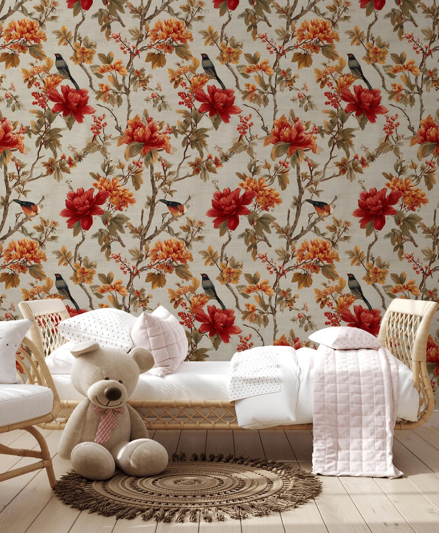 Chinoiserie Peel and Stick Wallpaper Mural: Bird & Floral Wall Decor