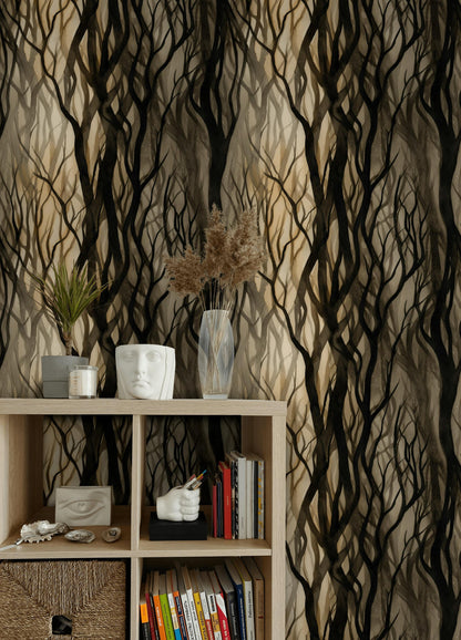 Mystical Forest Tree Branches Wallpaper | Dark Academia Wall Mural | Abstract Peel and Stick Decor