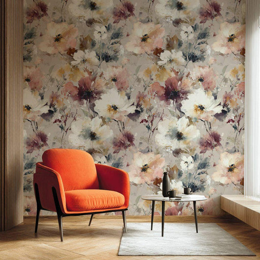 Moody Floral Wallpaper, Peel and Stick Wall Mural, Vintage Watercolor Large Bloom Removable Wallpaper