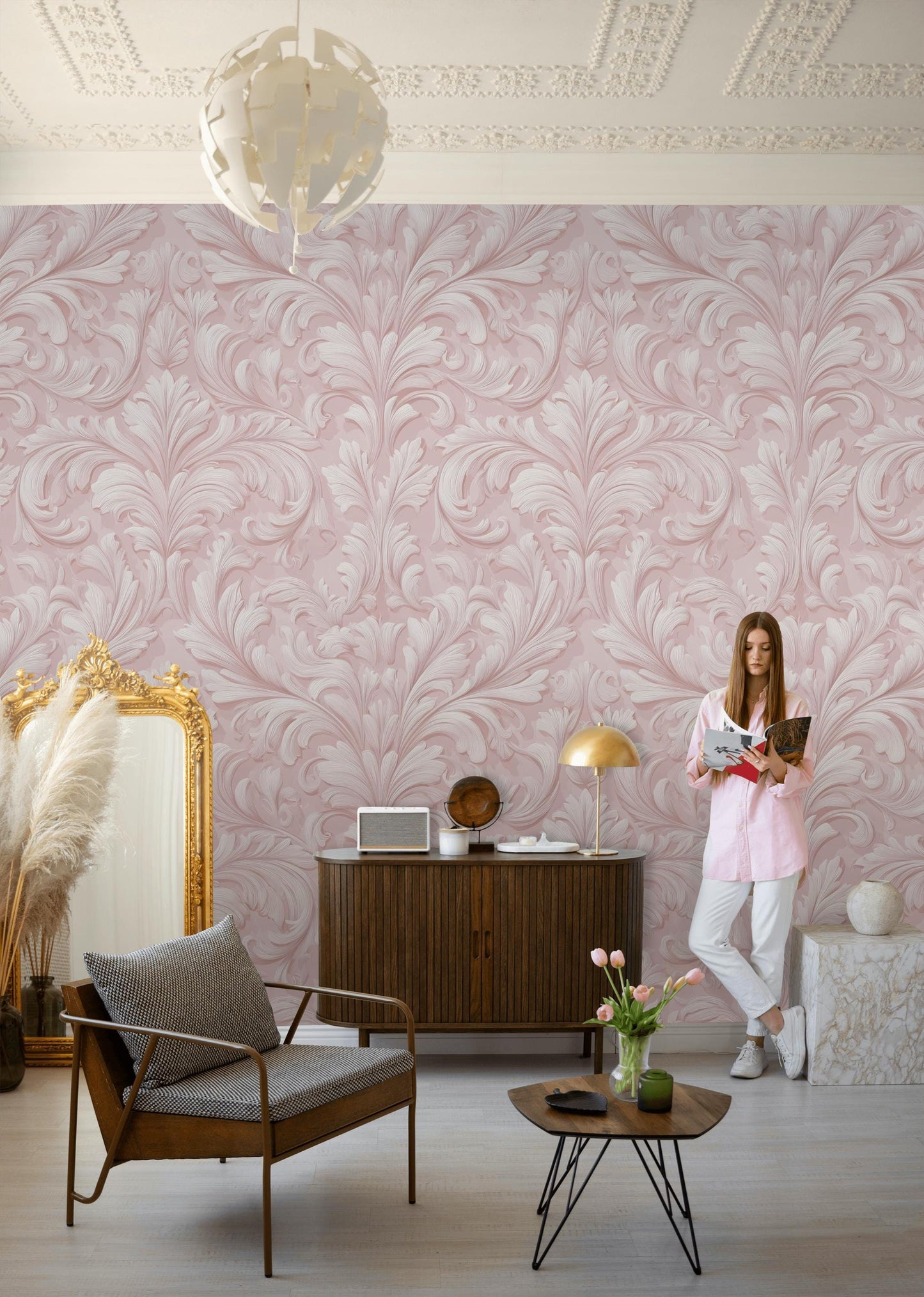 Embossed Damask Wallpaper, Pink Wall Mural, Classic Floral Scroll, Peel and Stick Decor