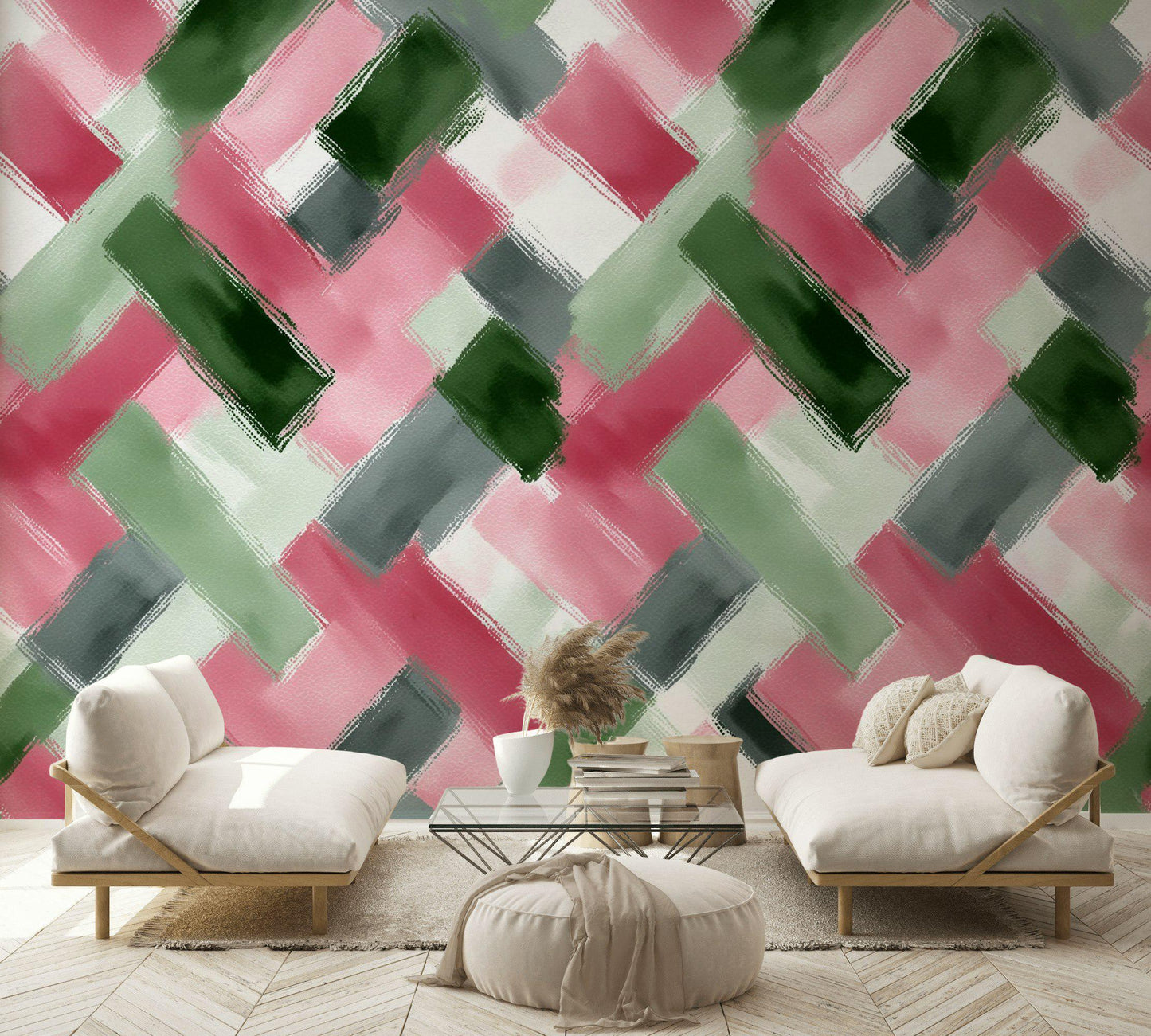 Abstract Brushstroke Wallpaper | Modern Pink Green Wall Mural | Geometric Pattern Peel and Stick Decor