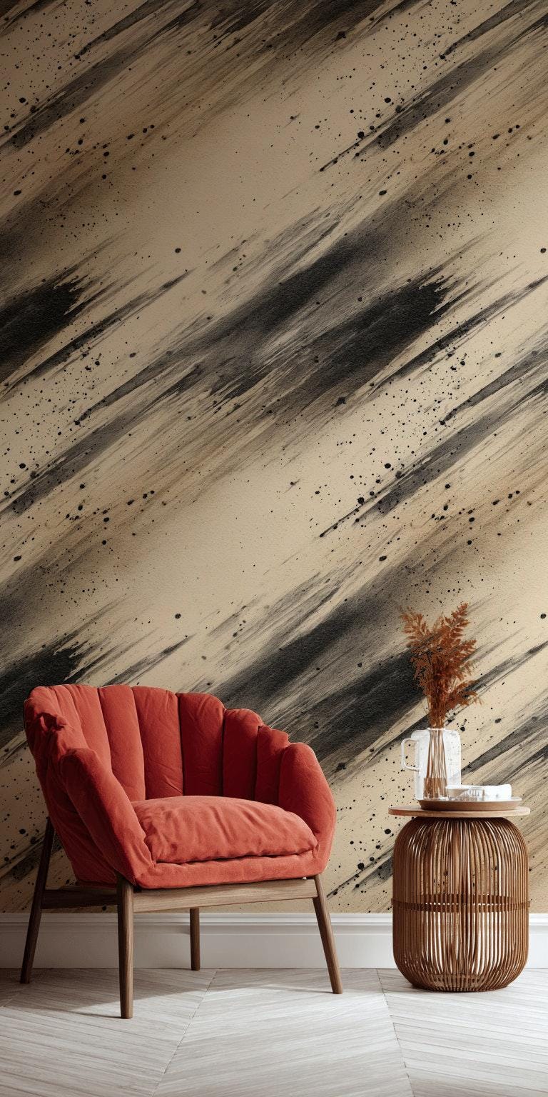 Abstract Ink Splatter Wallpaper: Black Beige Brushstrokes, Peel & Stick Mural