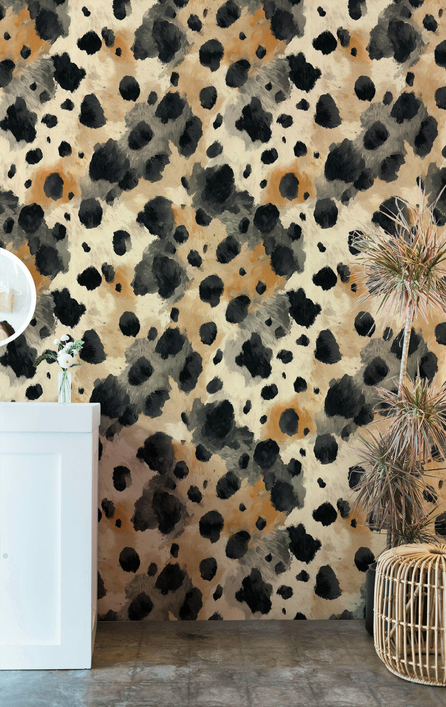 Cowhide Print Wallpaper: Black, Beige, and Tan - Peel & Stick