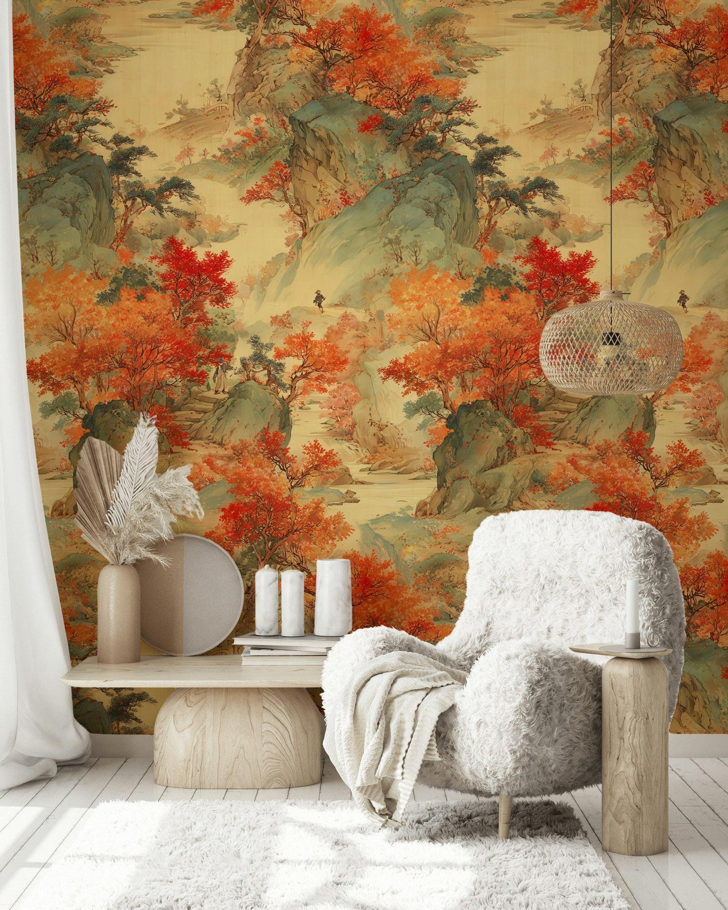 Oriental Landscape Wallpaper | Asian Mountain Wall Mural | Traditional Chinese Art Peel and Stick Decor
