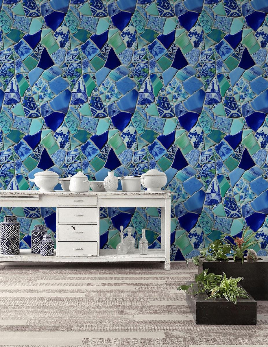 Blue Broken Ceramic Mosaic Wallpaper, Chinoiserie Porcelain Peel & Stick or Unpasted Vertical Wall Mural