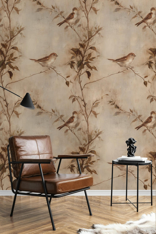 Vintage Bird on Branch Wallpaper | Rustic Botanical Wall Mural | Neutral Peel and Stick Decor