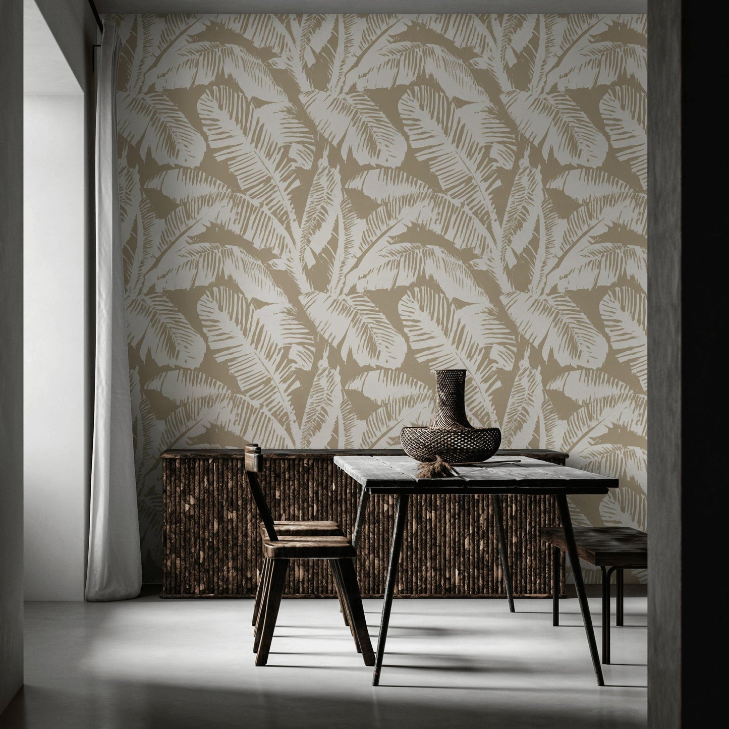 Minimalist Palm Leaf Wallpaper | Neutral Tropical Wall Mural | Beige Botanical Peel and Stick Decor
