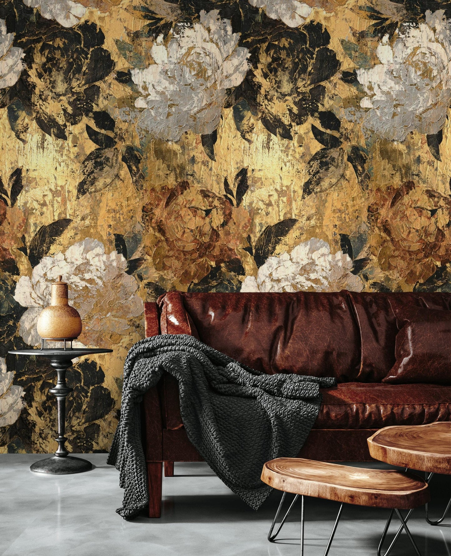Golden Tones Floral Wallpaper | Textured Impasto Wall Mural | Luxury Botanical Peel and Stick Decor