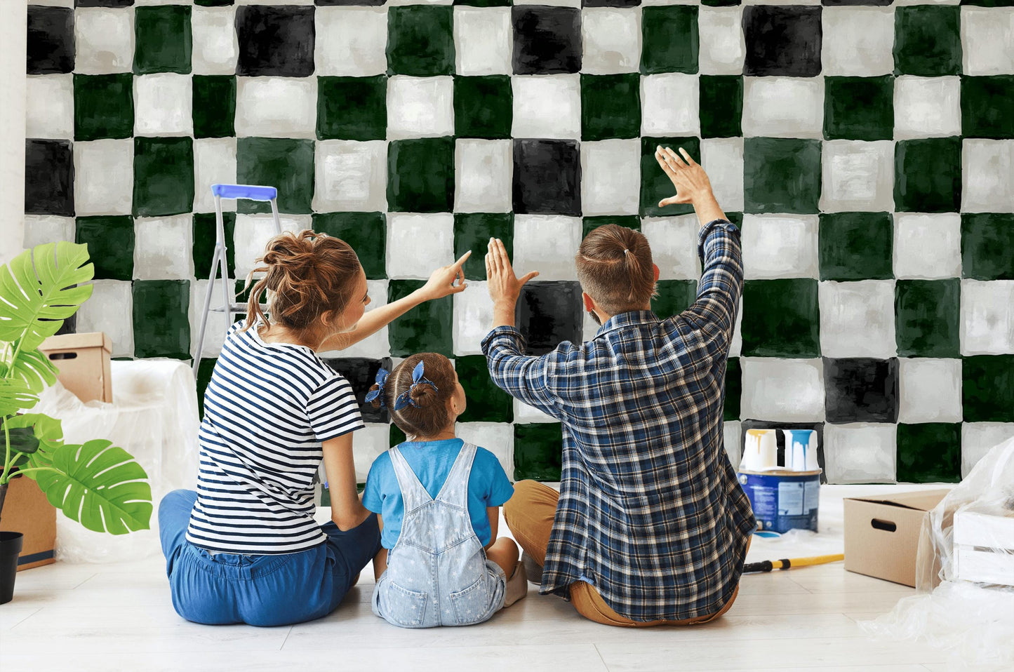 Hand-Painted Checkerboard Wallpaper | Rustic Farmhouse Wall Mural | Green Plaid Peel and Stick Decor