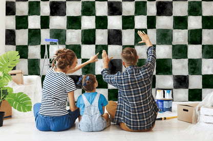 Hand-Painted Checkerboard Wallpaper | Rustic Farmhouse Wall Mural | Green Plaid Peel and Stick Decor