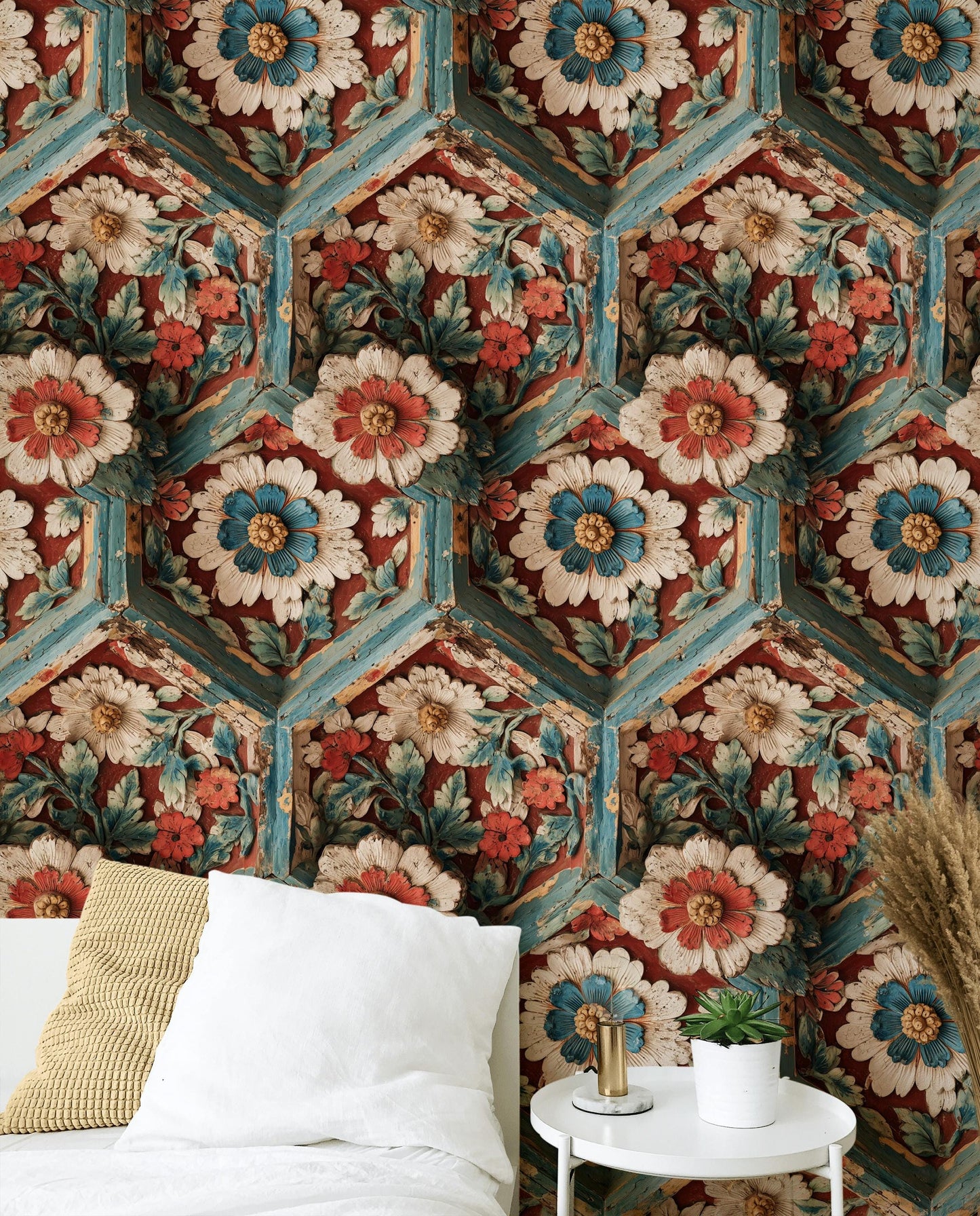 Faux Carved Wood Wallpaper: 3D Floral Peel and Stick Wall Mural