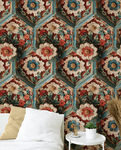 Faux Carved Wood Wallpaper: 3D Floral Peel and Stick Wall Mural