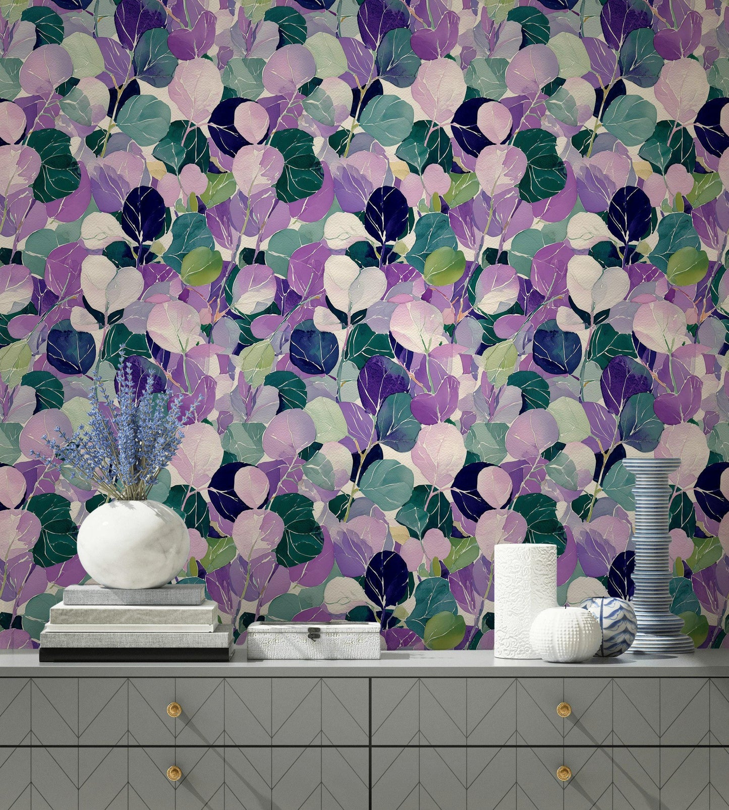 Watercolor Leaf Peel and Stick Wallpaper: Purple Green Botanical Wall Mural