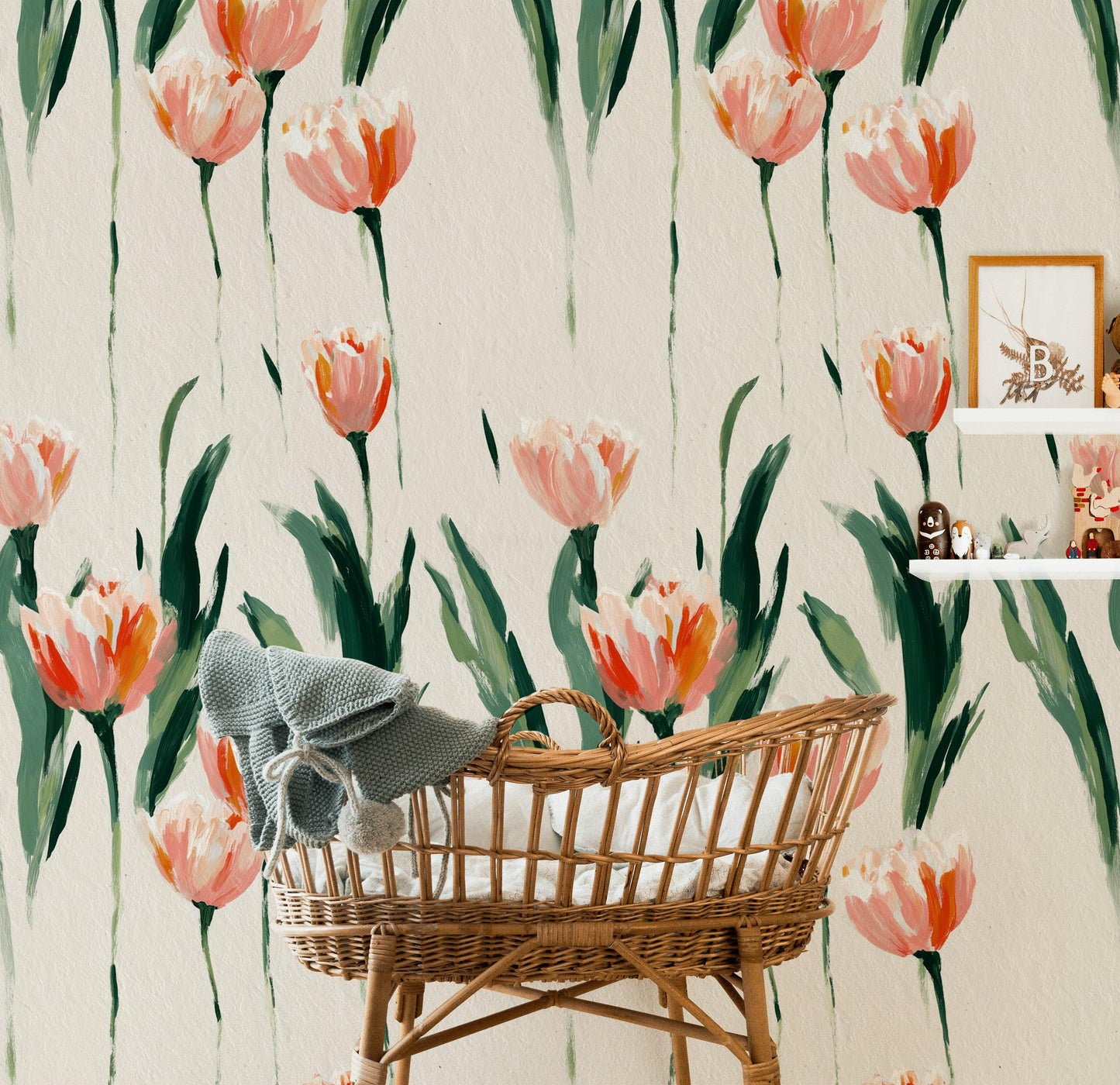 Minimalist Tulip Wallpaper, Modern Pink Floral Wall Mural, Botanical Peel and Stick Decor