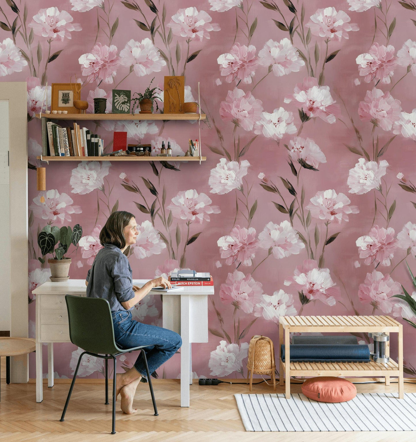Romantic Pink Floral Wallpaper | Soft Textured Flower Wall Mural | Blush Peel and Stick Decor