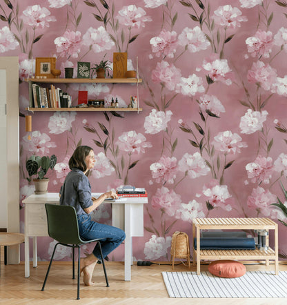 Romantic Pink Floral Wallpaper | Soft Textured Flower Wall Mural | Blush Peel and Stick Decor