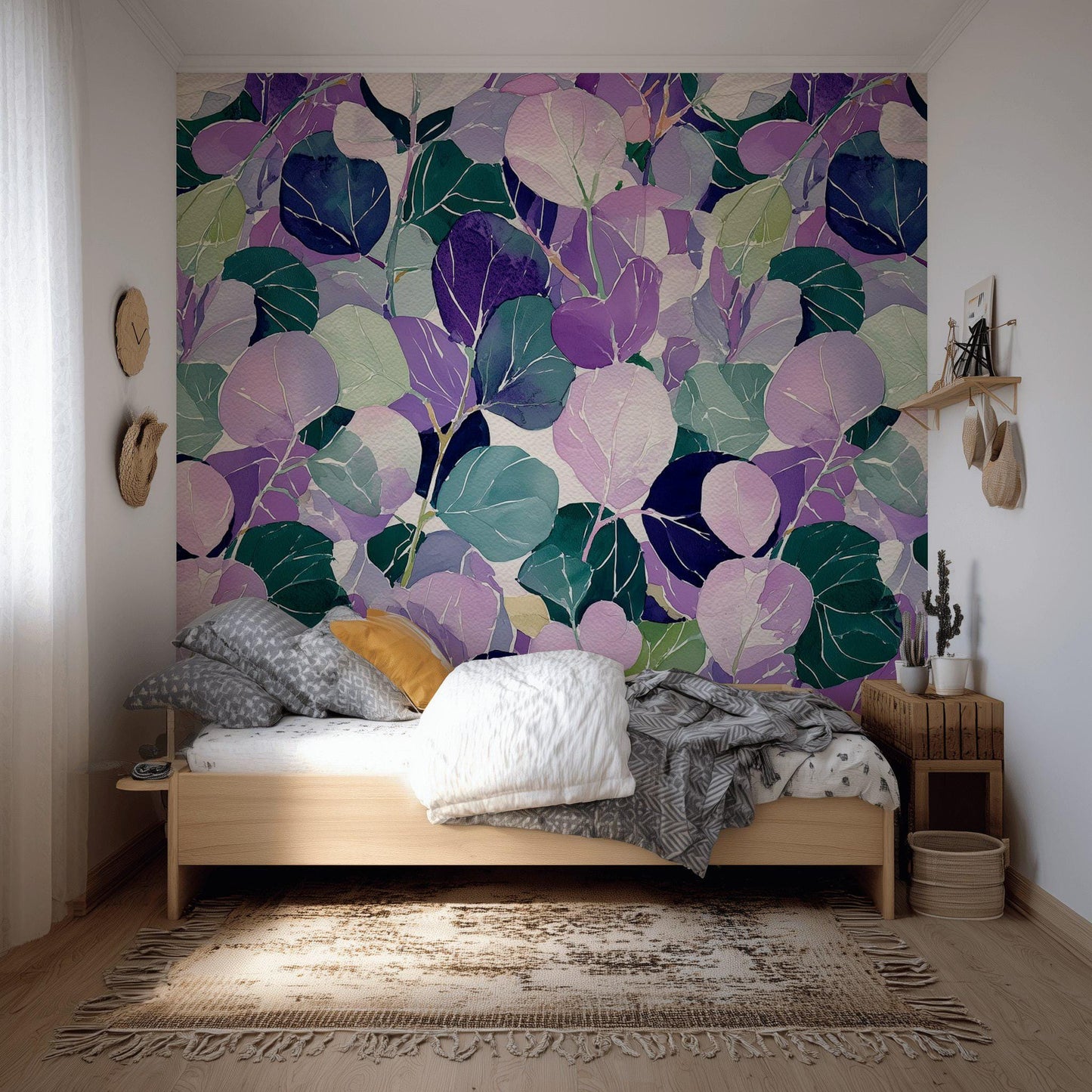 Watercolor Leaf Peel and Stick Wallpaper: Purple Green Botanical Wall Mural