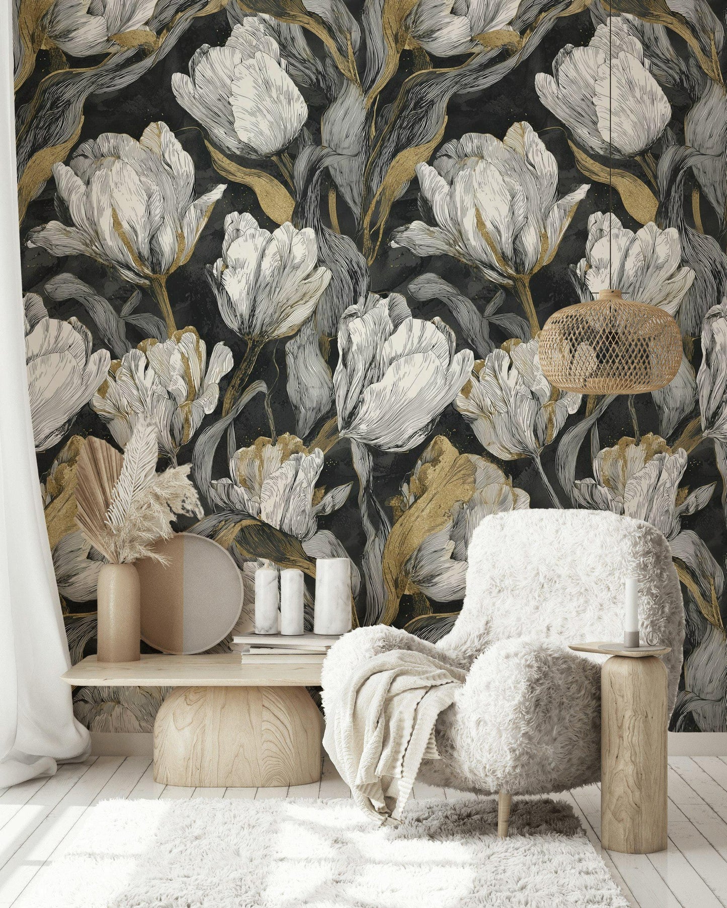 Luxury Gold Tulip Wallpaper | Dark Floral Wall Mural | Modern Botanical Peel and Stick Decor
