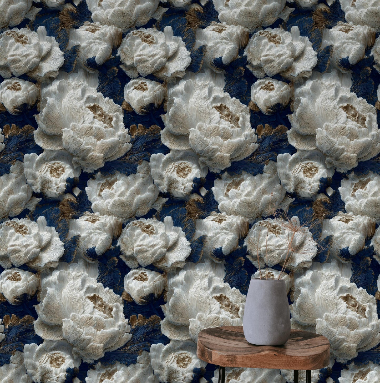 Textured Peony Flower Wallpaper: Navy Blue & Gold Glam Mural