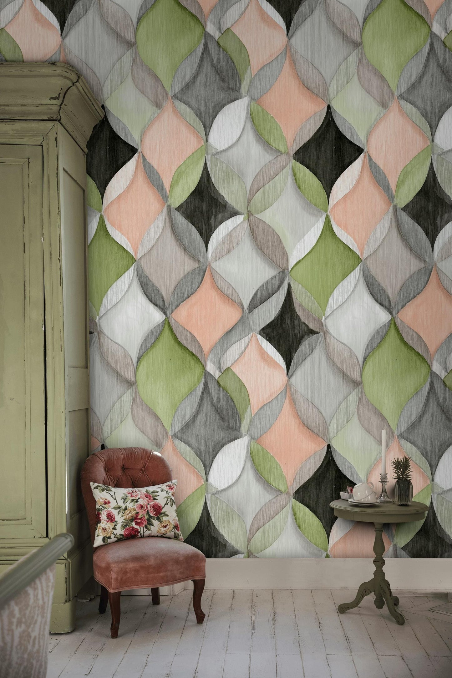 Abstract Geometric Ogee Wallpaper | Modern Interlocking Pattern Wall Mural | Pastel Peel and Stick Decor