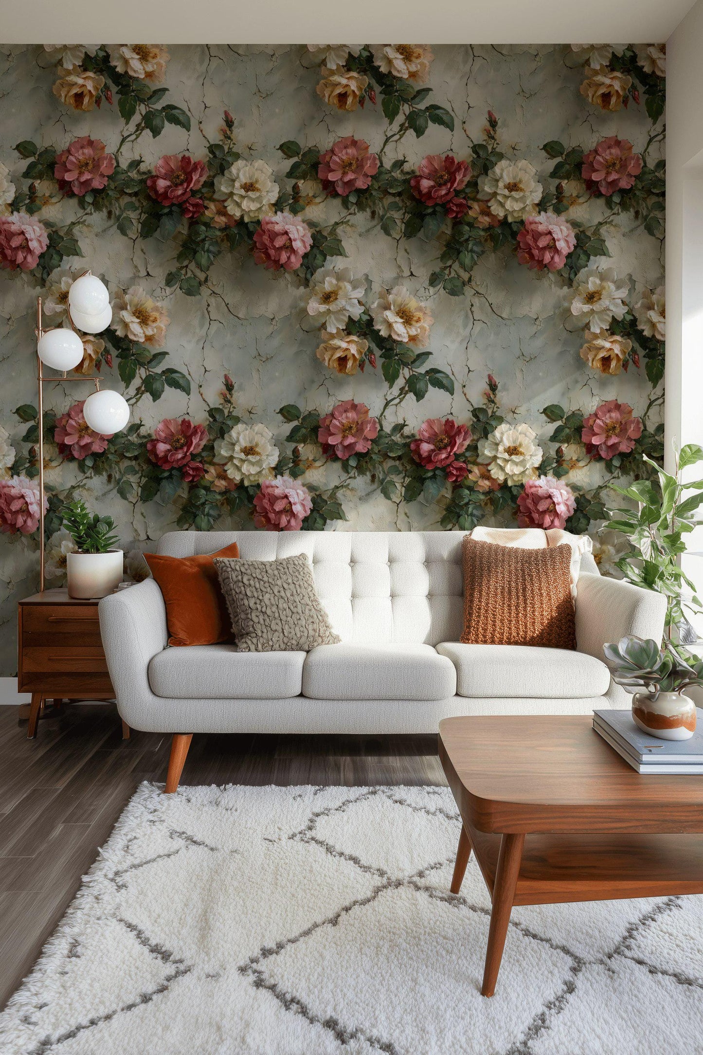 Rose Mural Wallpaper: Shabby Chic Crackle Effect (Peel & Stick)