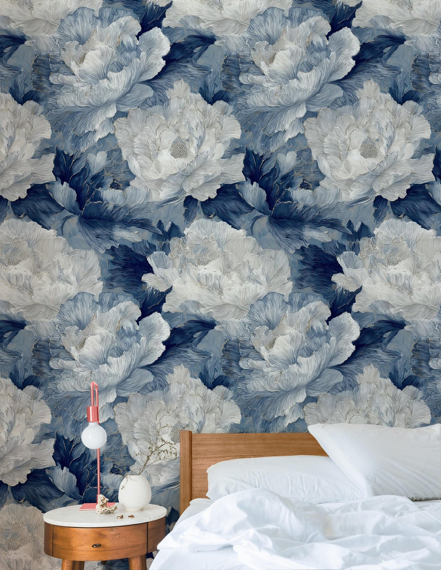 Textured Blue Floral Wallpaper, Modern Botanical Wall Mural, Peony Peel and Stick Decor