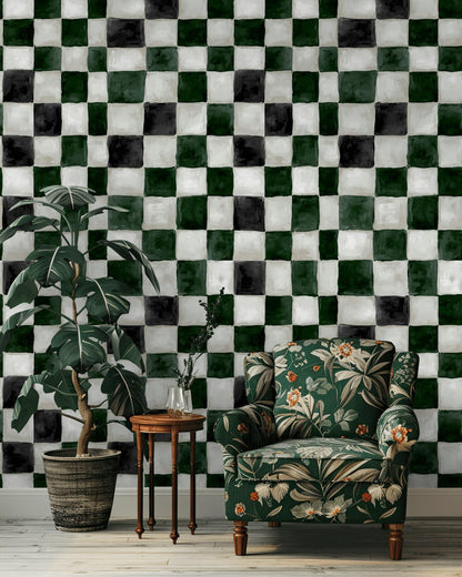 Hand-Painted Checkerboard Wallpaper | Rustic Farmhouse Wall Mural | Green Plaid Peel and Stick Decor