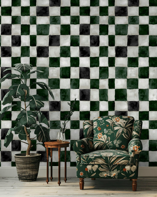 Hand-Painted Checkerboard Wallpaper | Rustic Farmhouse Wall Mural | Green Plaid Peel and Stick Decor