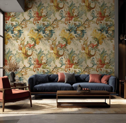 Baroque Scroll Wallpaper, Distressed Pastel Floral Mural, Peel & Stick or Unpasted Vintage Panel