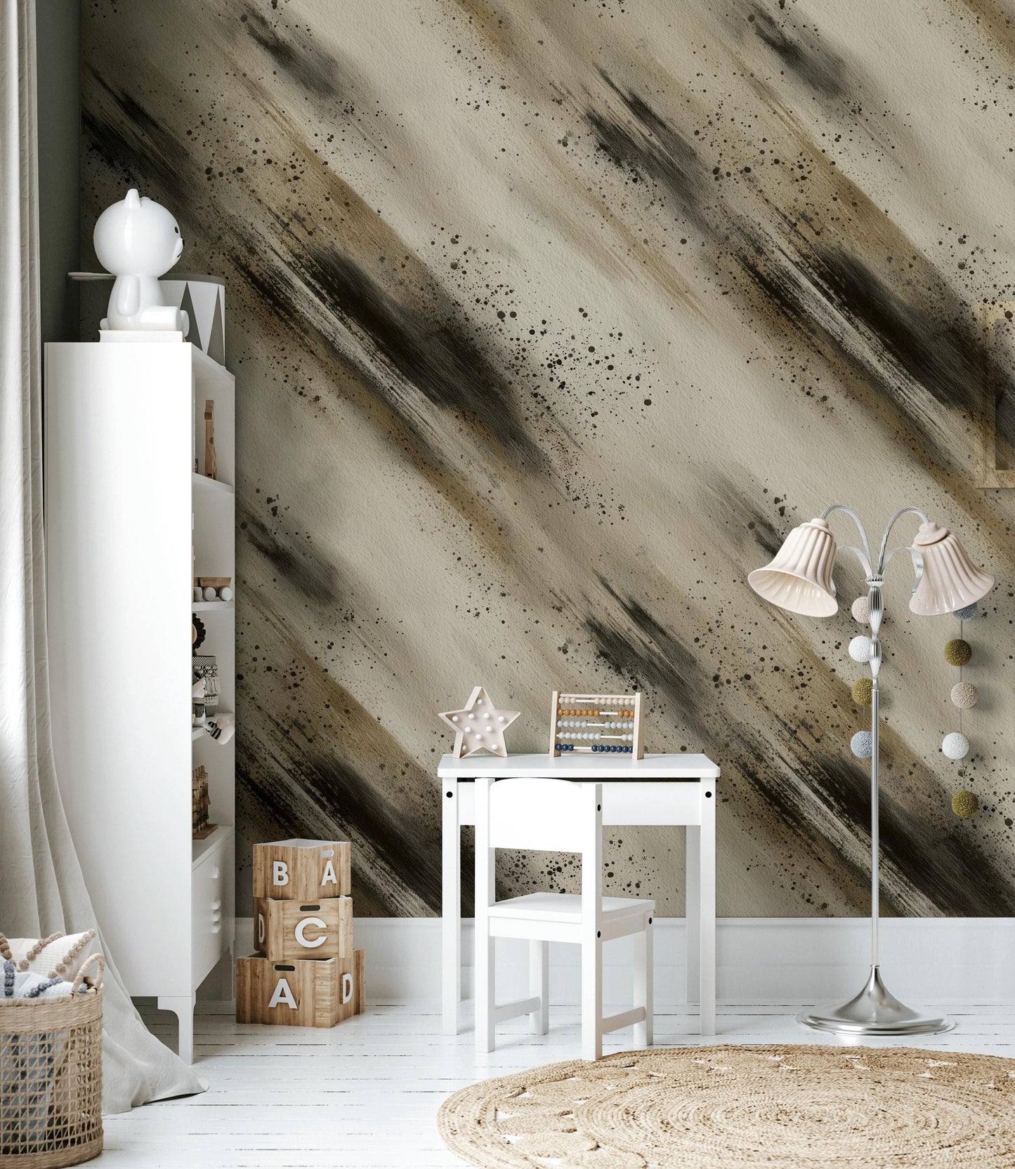 Abstract Brush Stroke Peel and Stick Wallpaper: Neutral Ink Wash Mural