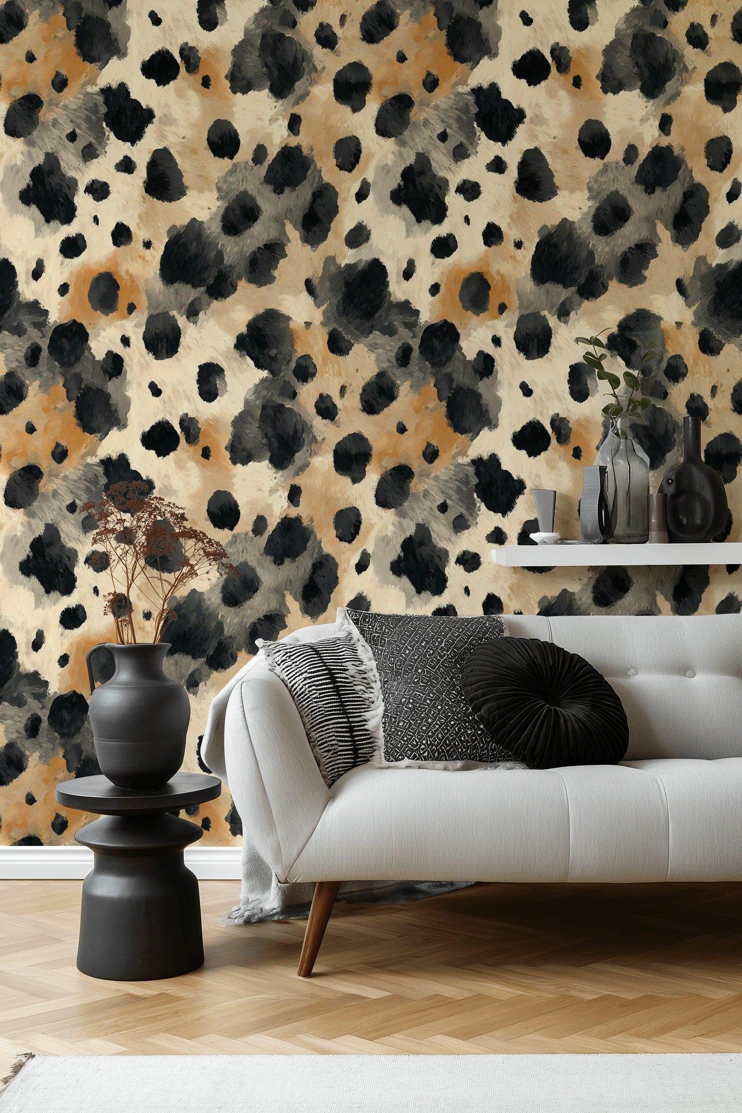 Cowhide Print Wallpaper: Black, Beige, and Tan - Peel & Stick