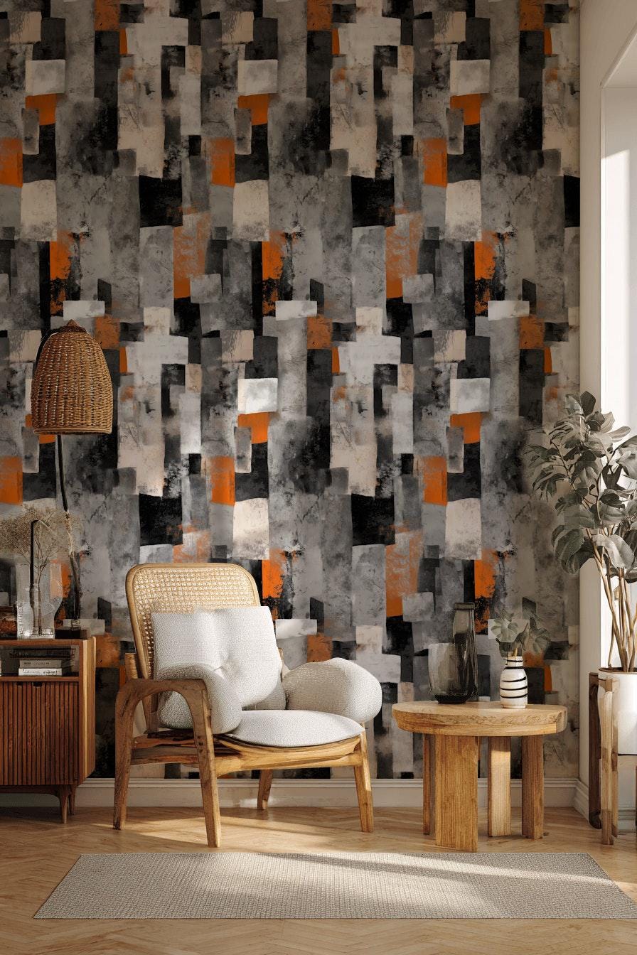 Geometric Block Wallpaper Mural: Orange, Grey, Black Peel and Stick Art