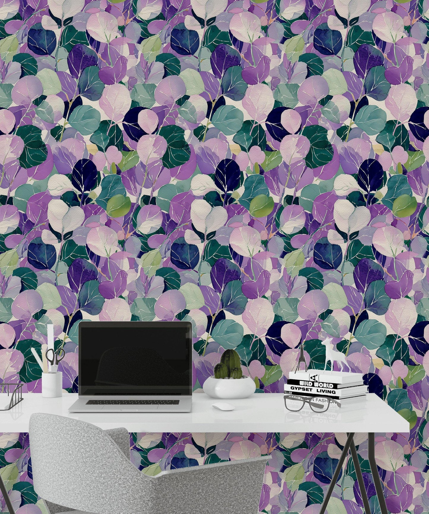 Watercolor Leaf Peel and Stick Wallpaper: Purple Green Botanical Wall Mural