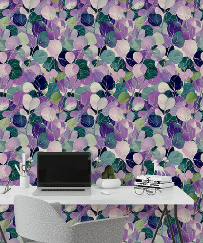 Watercolor Leaf Peel and Stick Wallpaper: Purple Green Botanical Wall Mural