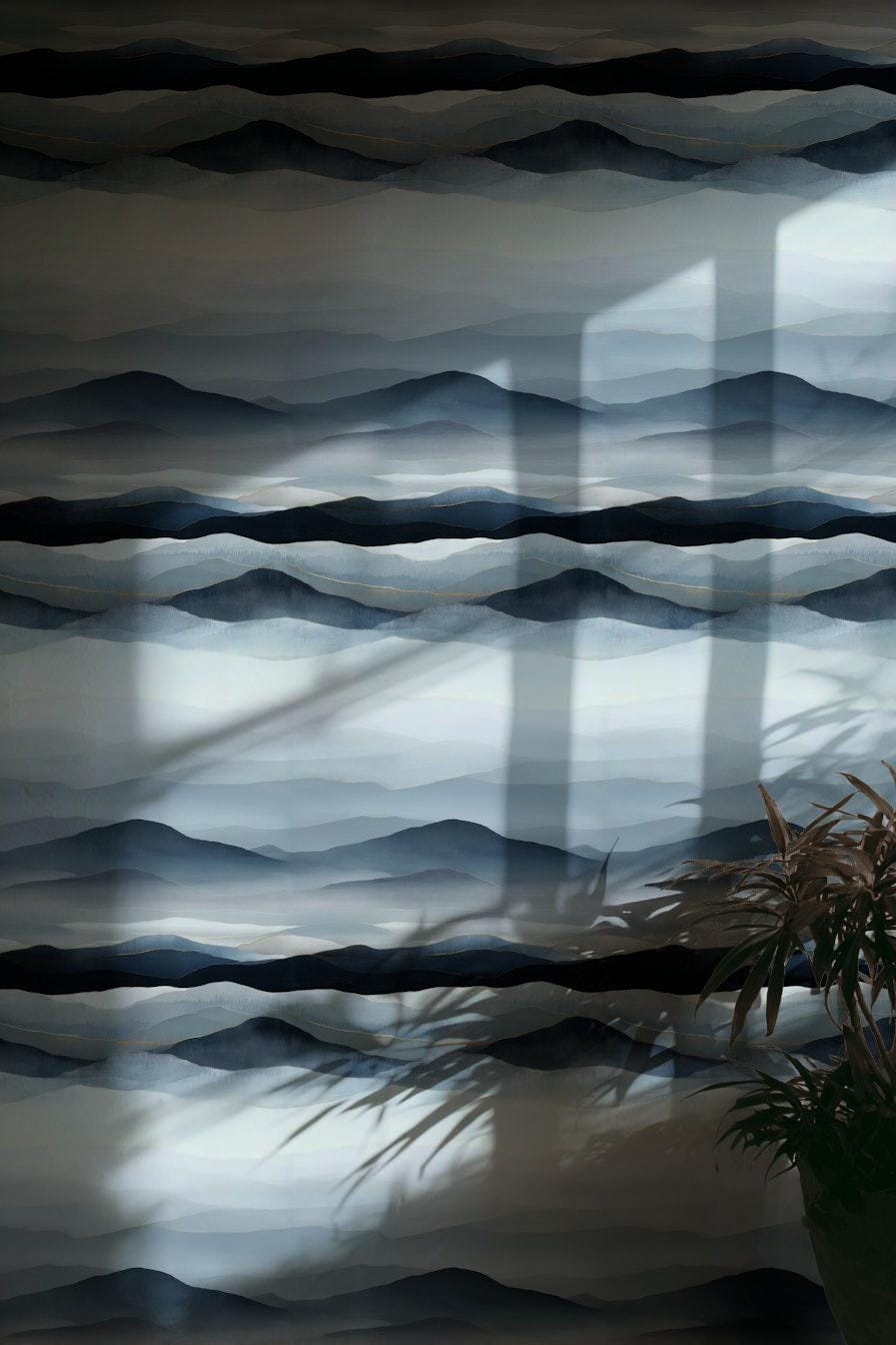 Blue Gray Mountain Wallpaper Mural: Gold Line Peel and Stick