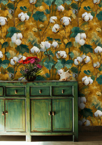 Rustic Cotton Plant Wallpaper | Farmhouse Botanical Wall Mural | Yellow Peel and Stick Decor