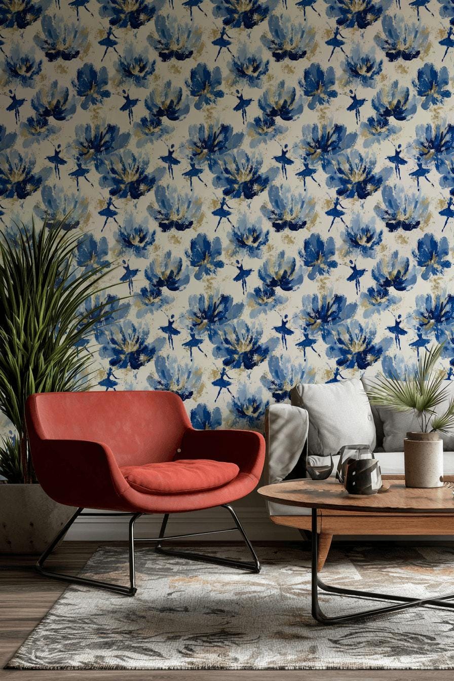 Blue Ballerina Wallpaper, Gold Accented Abstract Floral Mural, Peel & Stick or Unpasted Vertical Panel
