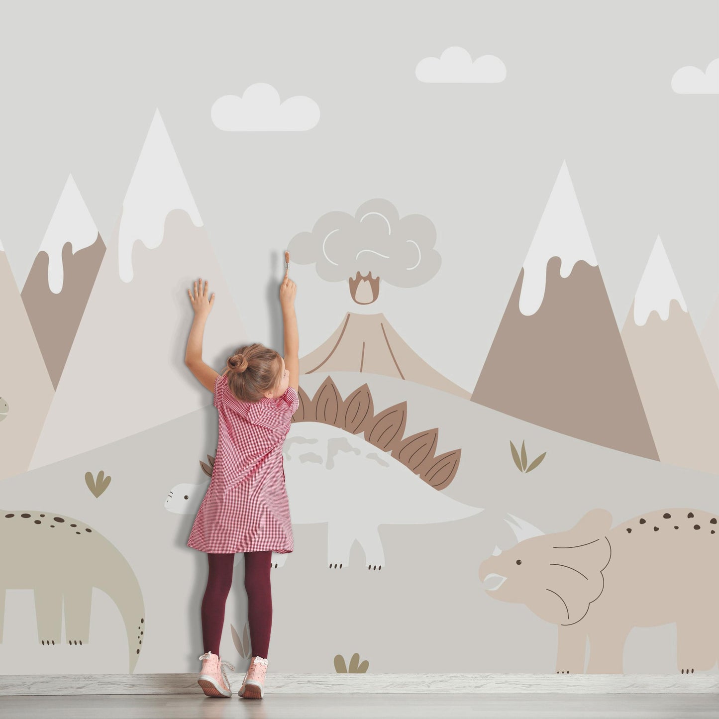 Minimalist Dinosaur Wallpaper, Neutral Dino Wall Mural, Boho Peel and Stick Nursery Decor