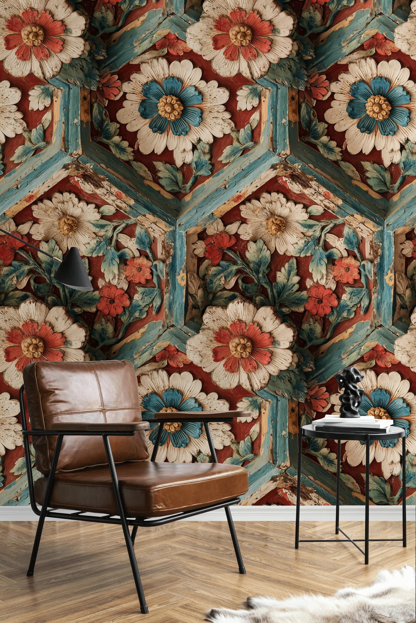 Faux Carved Wood Wallpaper: 3D Floral Peel and Stick Wall Mural