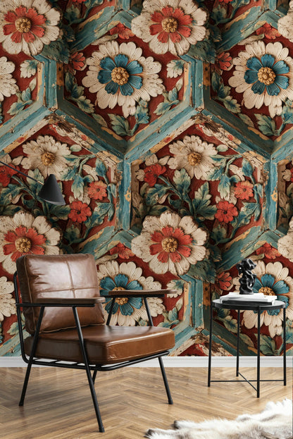 Faux Carved Wood Wallpaper: 3D Floral Peel and Stick Wall Mural