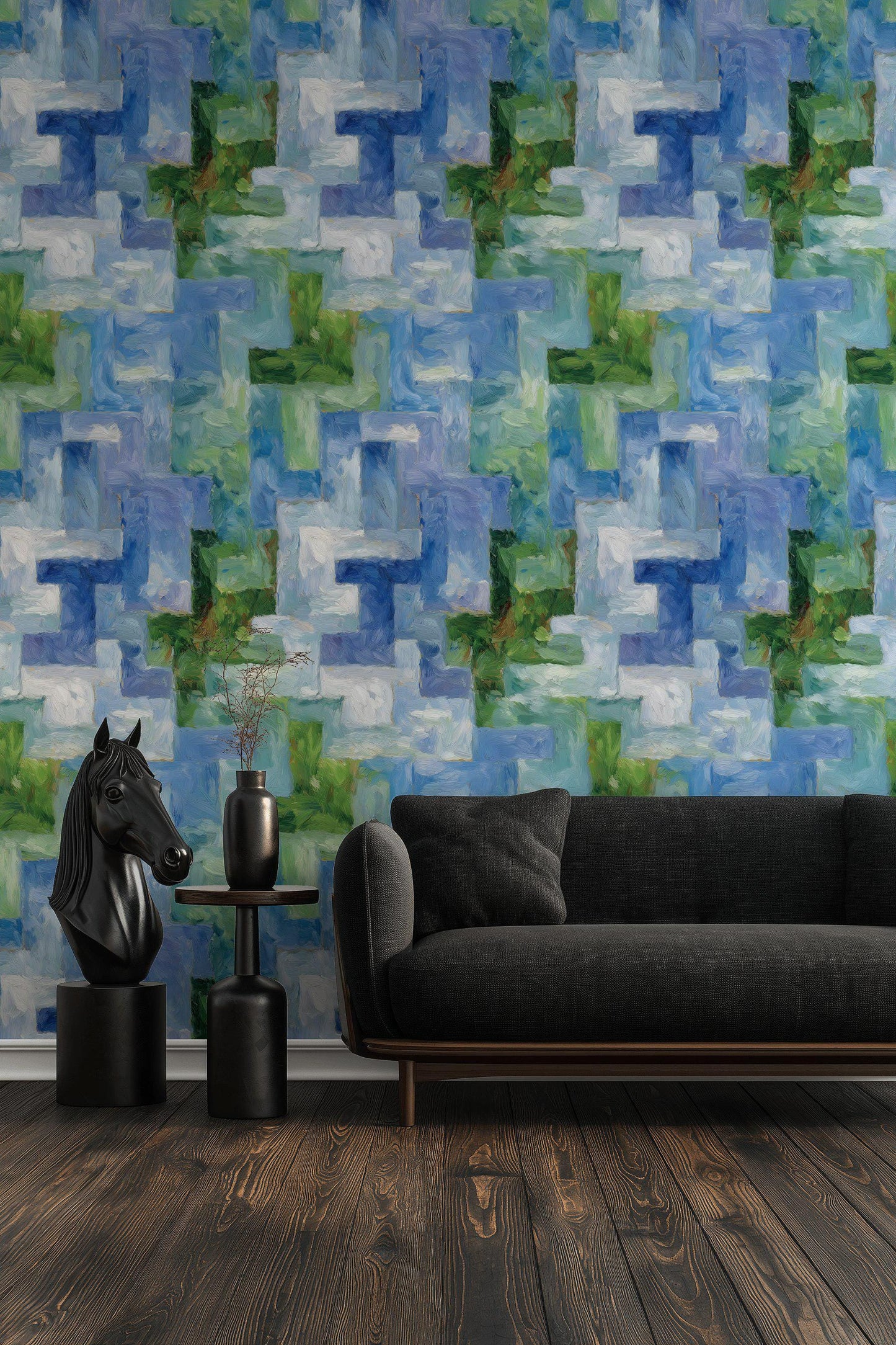 Monet Style Impressionist Mural, Textured Blue Green Block Wallpaper, Vertical Peel & Stick Art Panel