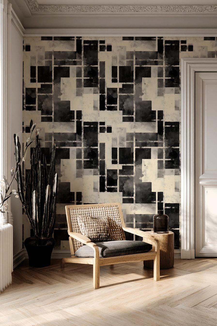 Monochrome Bauhaus Wallpaper: Abstract Watercolor Grid, Peel & Stick Mural