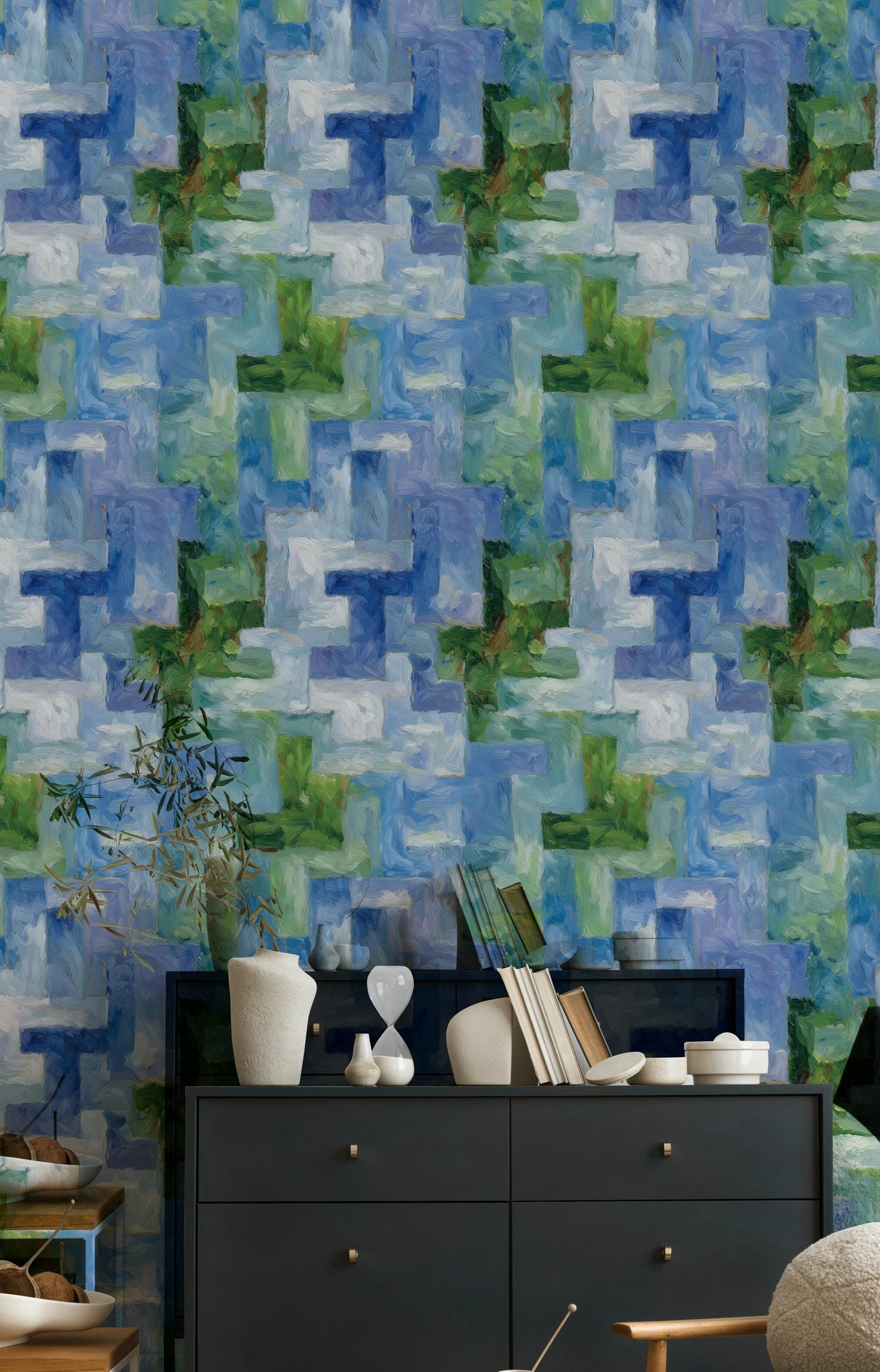 Monet Style Impressionist Mural, Textured Blue Green Block Wallpaper, Vertical Peel & Stick Art Panel