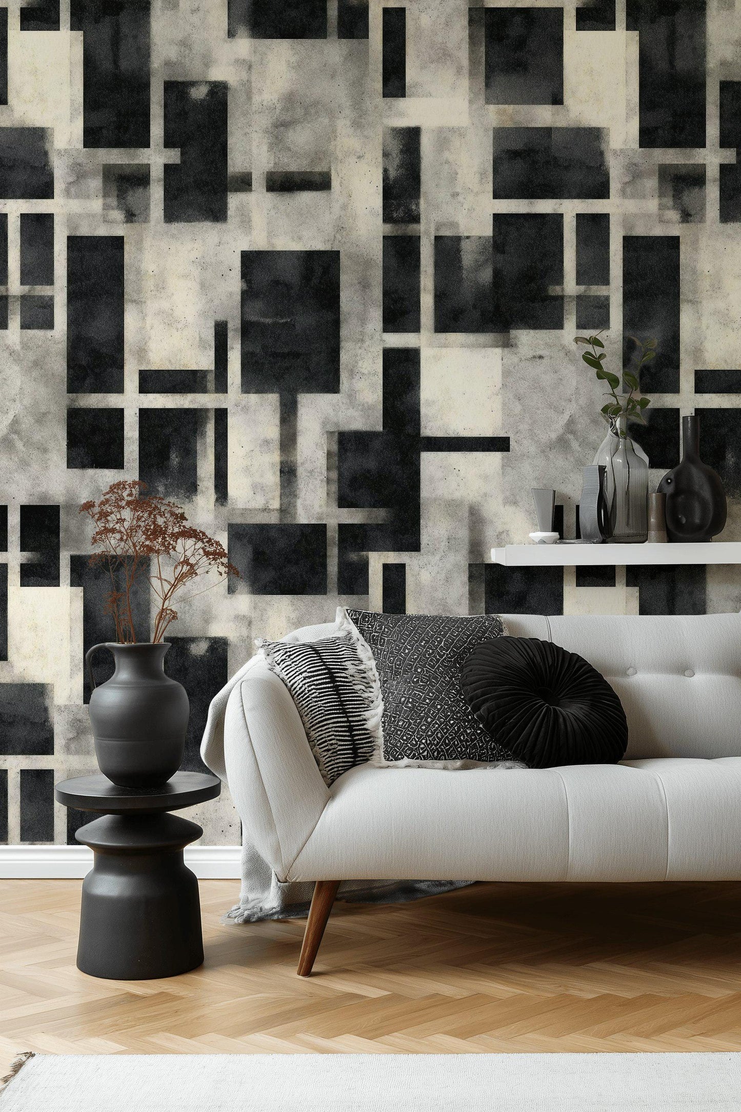 Black and White Geometric Grid Wallpaper Mural: Modern Peel and Stick