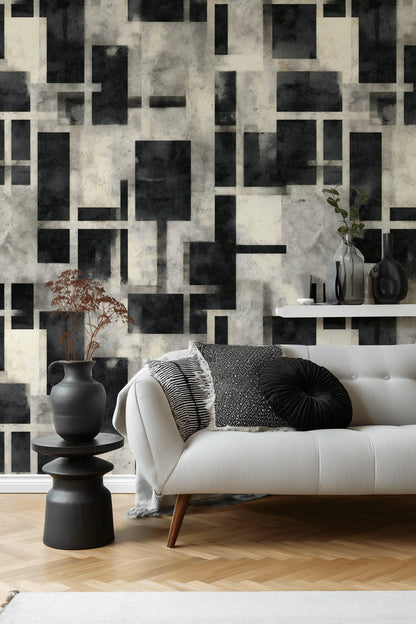 Black and White Geometric Grid Wallpaper Mural: Modern Peel and Stick