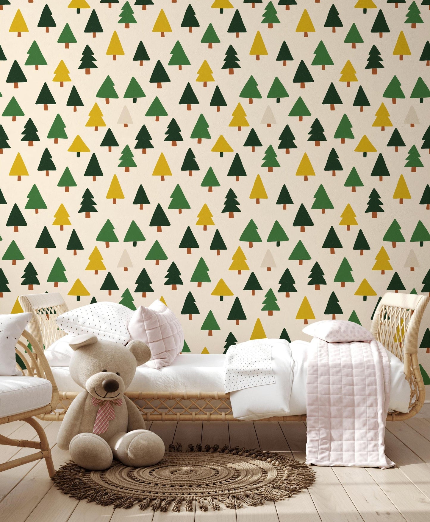 Scandi Pine Tree Wallpaper: Neutral Nursery Peel and Stick Mural